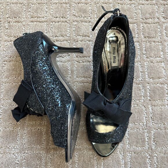 Miu Miu Glitter-Covered Leather Peep-Toe Oxford Pumps Women's 39 Black Italy - Picture 2 of 10